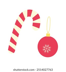 Cane de doces listrados e bola de Natal vermelha em fio de ouro. Conjunto de 2 elementos de design de Ano Novo isolados