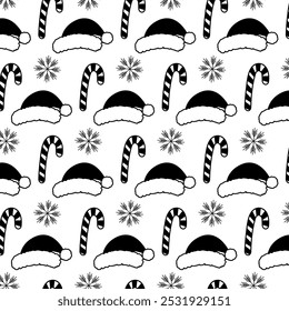 Cane de doces listrados, chapéus de Papai Noel e flocos de neve Preto e branco Padrão sem emenda no minimalista doodle