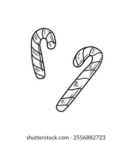 Striped candy cane set drawing in black isolated on white background. Hand drawn vector sketch illustration in doodle engraved vintage line art style. Christmas children sweets.