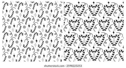 Striped Candy Cane shape heart and Various Christmas Decor Seamless Pattern New Year Background Set 