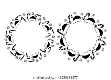 Striped Candy Cane, snowflakes and Santa caps Black and White frame border Copy space Template idea