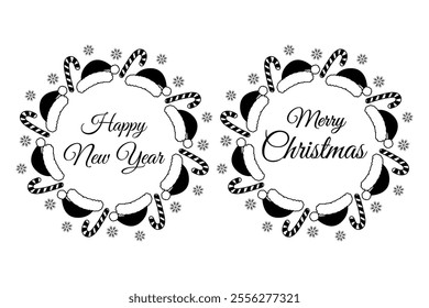 Striped Candy Cane, snowflakes, Santa cap Circle Frame border and Merry Christmas and Happy New Year