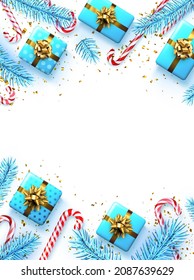 Striped candy cane sticks with blue fir branches, gift boxes and golden confetti. Space for text. Vector illustration.