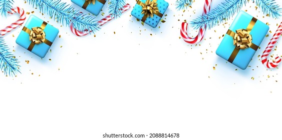 Striped candy cane sticks with blue fir branches, gift boxes and golden confetti. Space for text. Vector illustration.