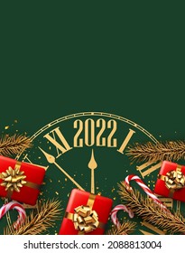 Striped candy cane sticks with golden spruce branch and gift box. Clock showing 2022. Space for text. Vector illustration.