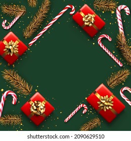 Striped candy cane sticks with golden spruce branch and gift box. Space for text. Vector illustration.