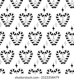 Striped Candy canes heart shaped Christmas toy and decorative stars Black and white Seamless pattern