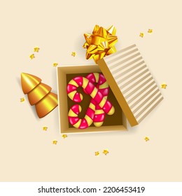 Striped Candy Canes in open gift box and golden ornaments. Christmas background with realistic 3d decors. Merry Christmas and Happy New Year card. Top view vector illustration