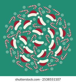 Striped Candy Canes, Santa caps and snowflakes Christmas Round Festive colorful background texture