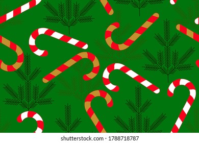 Striped candy and Christmas trees seamless pattern on green background. Merry Christmas. Stick. For gift wrapping paper, fabric, textile, surface textures, cover, scrapbook. Vector illustration.