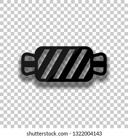 Striped candy icon. Tasty caramel. Black glass icon with soft shadow on transparent background