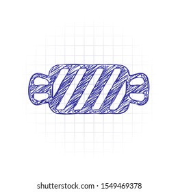Striped candy icon. Tasty caramel. Hand drawn sketched picture with scribble fill. Blue ink. Doodle on white background