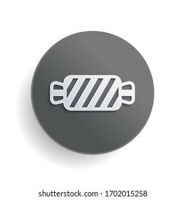 Striped candy icon. Tasty caramel. White paper symbol on gray round button or badge with shadow
