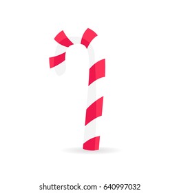 Striped candy stick in red and white colors isolated. Traditional Christmas lollipop vector illustration. Tasty dessert in flat design cartoon style, ornamental confectionary treat for children