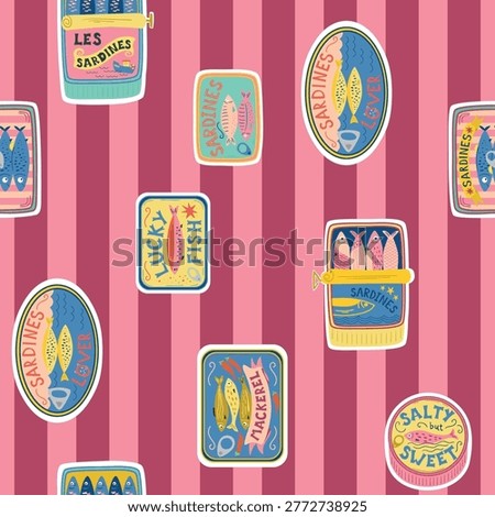 Striped canned sardines seamless pattern. Cartoon Mediterranean sea fish in cans and pink stripes. Vector summer beach print, seafood wallpaper, nautical textile design, fashion, fabric wrapping paper