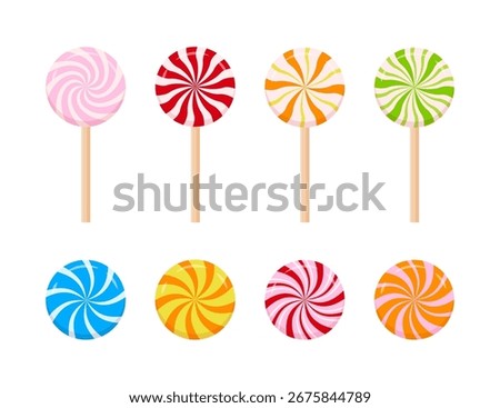 Striped caramel candies vector set. Spiral multicolored lollipops illustration.