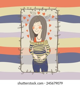 Striped card with a pregnant woman, plants, birds and hearts