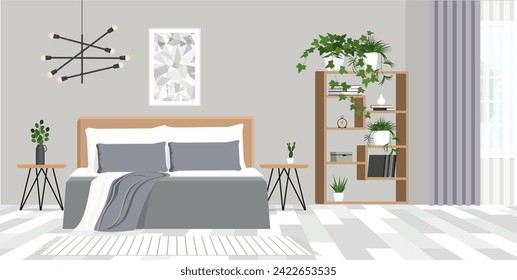 Striped carpet near bed with blanket in bedroom interior with poster and plants.