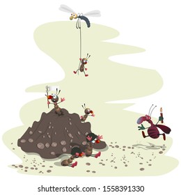 striped cartoon cockroach wants to throw dynamite at small ants fleeing an ant hill