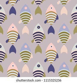 Striped cartoon fish seamless vector pattern. Ocean life print repeat pattern background.