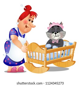 Striped cat in the childrens swing bed trying to sleep isolated on white background. Vector cartoon close-up illustration.