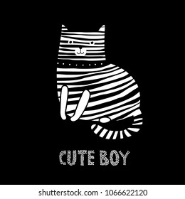 Striped cat. Cute cat vector drawing for baby tee print. T-shirt graphics for kids vector illustration.