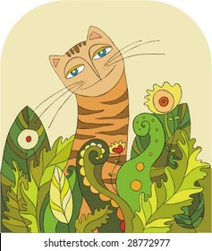 Striped cat in a green grass