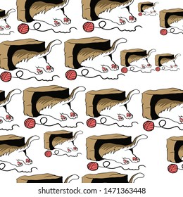 striped cat hiding on a paper bag seamless pattern