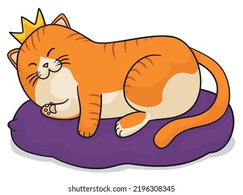 Striped cat living like a king and wearing a crown, sleeping over a pillow, in cartoon style.