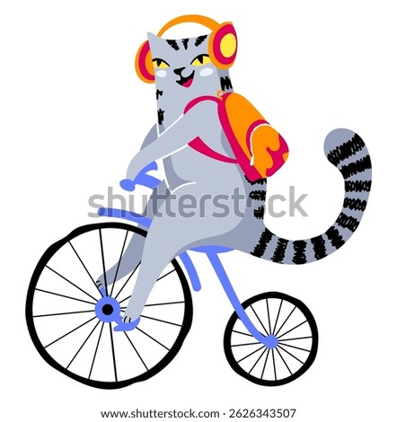 Striped Cat Logo Mascot on retro penny-farthing bike 