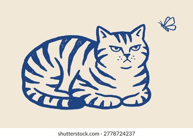 Striped cat lying down watching insect in minimalist blue line art on beige background