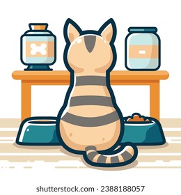 A striped cat sits in front of a table full of food