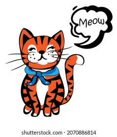 Striped cat is sitting and saying Meow. Vector illustration in doodle style.
