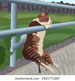 Un gato a rayas está sentado y durmiendo apoyado en una cerca de metal. La ilustración está hecha principalmente en colores fríos. La imagen transmite belleza, paz, amor y tranquilidad, silencio.