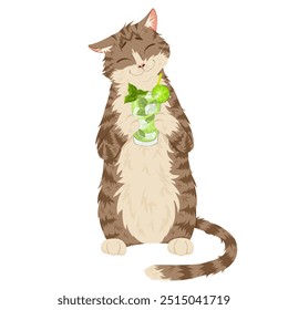 Striped cat is standing on its hind legs and smiling. He's holding a mojito cocktail in his front paws. Funny cartoon vector illustration for stickers, prints, invitations design, bar menu