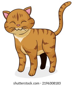 Striped cat standing with orange fur and cute gesture over white background.