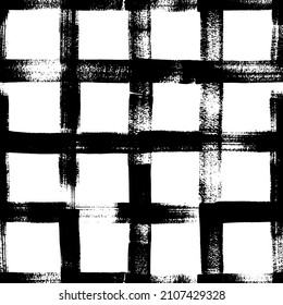 Striped check grunge seamless pattern. Vector vertical and horizontal black brush stripes. Bold brush drawn textured crossing lines. Stylish geometric texture. Repeating geometric tiles with squares.