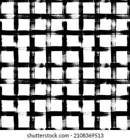 Striped check grunge seamless pattern. Vector vertical and horizontal black brush stripes. Bold brush drawn textured crossing lines. Stylish geometric texture. Repeating geometric tiles with squares.