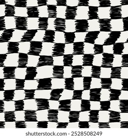 Striped and check pattern. Imperfect irregular lines. Black and white checkered stripes. Doodle vector background.