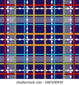 Striped checkered tartan vector seamless pattern. Colorful ornamental plaid style background. Repeat checked backdrop. Vertical and horizontal stripes, twisted ropes, lines, shapes, borders. Ornament.