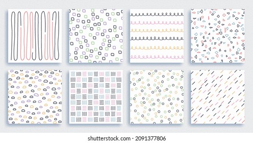 Striped chevron and dot ornaments. 
 Abstract hand drawn geometric simple minimalist seamless patterns set. 