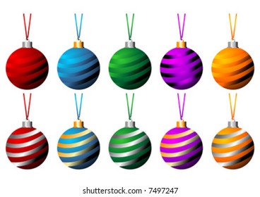 Striped Christmas balls with ribbons in different colors isolated over white background