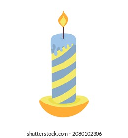 Striped Christmas candle in a candlestick. Vector illustration.