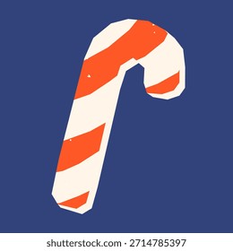 Striped Christmas candy cane in simple paper cutout style on navy background. Festive winter illustration perfect for holiday cards, gift wrapping, stickers and cozy seasonal projects.