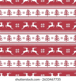 Striped Christmas Pattern with Deer, Fir Trees, Flowers, Flakes. Seamless Print. Christmas Background with Winter Elements. Merry Christmas and Happy New Year Design. Vector illustration in Red, White
