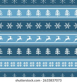 Striped Christmas Pattern with Deer, Fir Trees, Snowflakes. Seamless Print. Christmas Background with Winter Elements. Merry Christmas and Happy New Year Design. Vector illustration in Blue, White