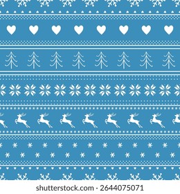 Gestreepte kerstpatroon met herten, brandbomen, hart, sneeuwvlokken. Naadloze afdrukken. Kerst achtergrond met winter elementen. Vrolijk kerstfeest, gelukkig nieuwjaarsontwerp. Vector in blauw, wit