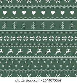 Gestreepte kerstpatroon met herten, brandbomen, hart, sneeuwvlokken. Naadloze afdrukken. Kerst achtergrond met winter elementen. Vrolijk kerstfeest, gelukkig nieuwjaarsontwerp. Vector in groen, wit
