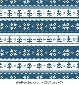 Striped Christmas Pattern with Fir Trees, Snowflakes, Flowers. Seamless Print. Christmas Background with Winter Elements. Merry Christmas and Happy New Year Design. Vector illustration in Blue, White