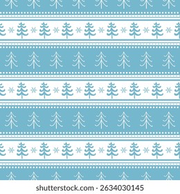 Striped Christmas Pattern with Fir Trees, Snowflakes. Seamless Print. Christmas Background with Winter Elements. Merry Christmas and Happy New Year Design. Vector illustration in Light Blue, White